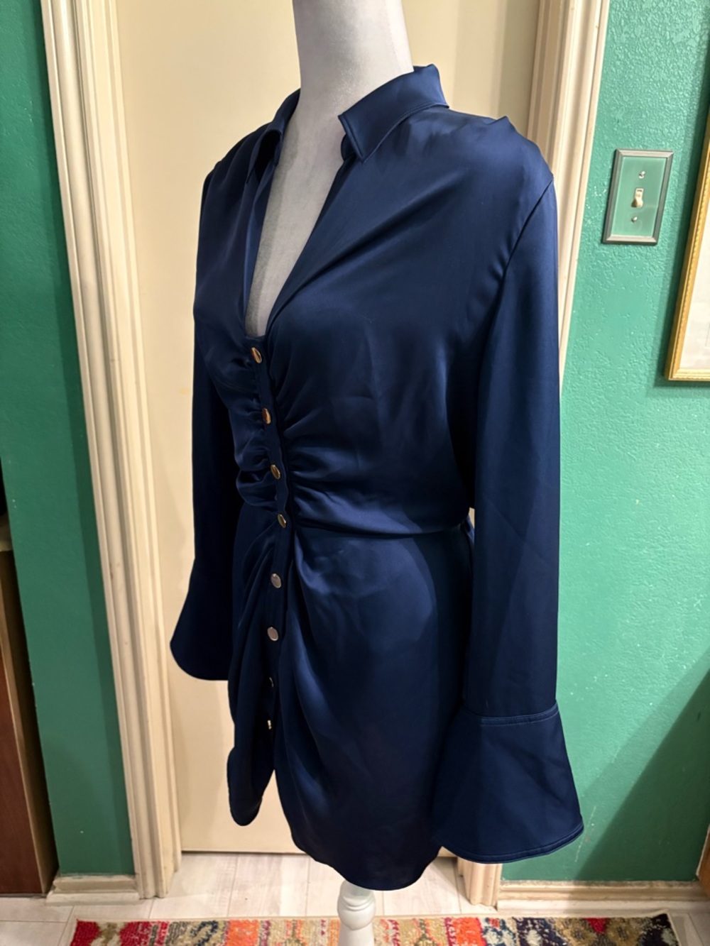 Ramy Brook NY Katelyn Navy Satin Ruched Button Mini Dress with Gold Buttons - Picture 6 of 16